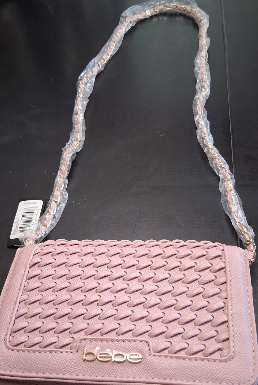 bebe Blush Pink Woven Crossbody Bag with Chain Strap      Size 8"×5"